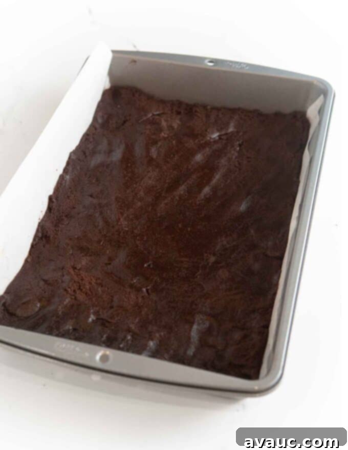 No-Fuss Dirt Cookie Bars 7 Raw chocolate cookie dough evenly pressed into a 9x13 metal pan