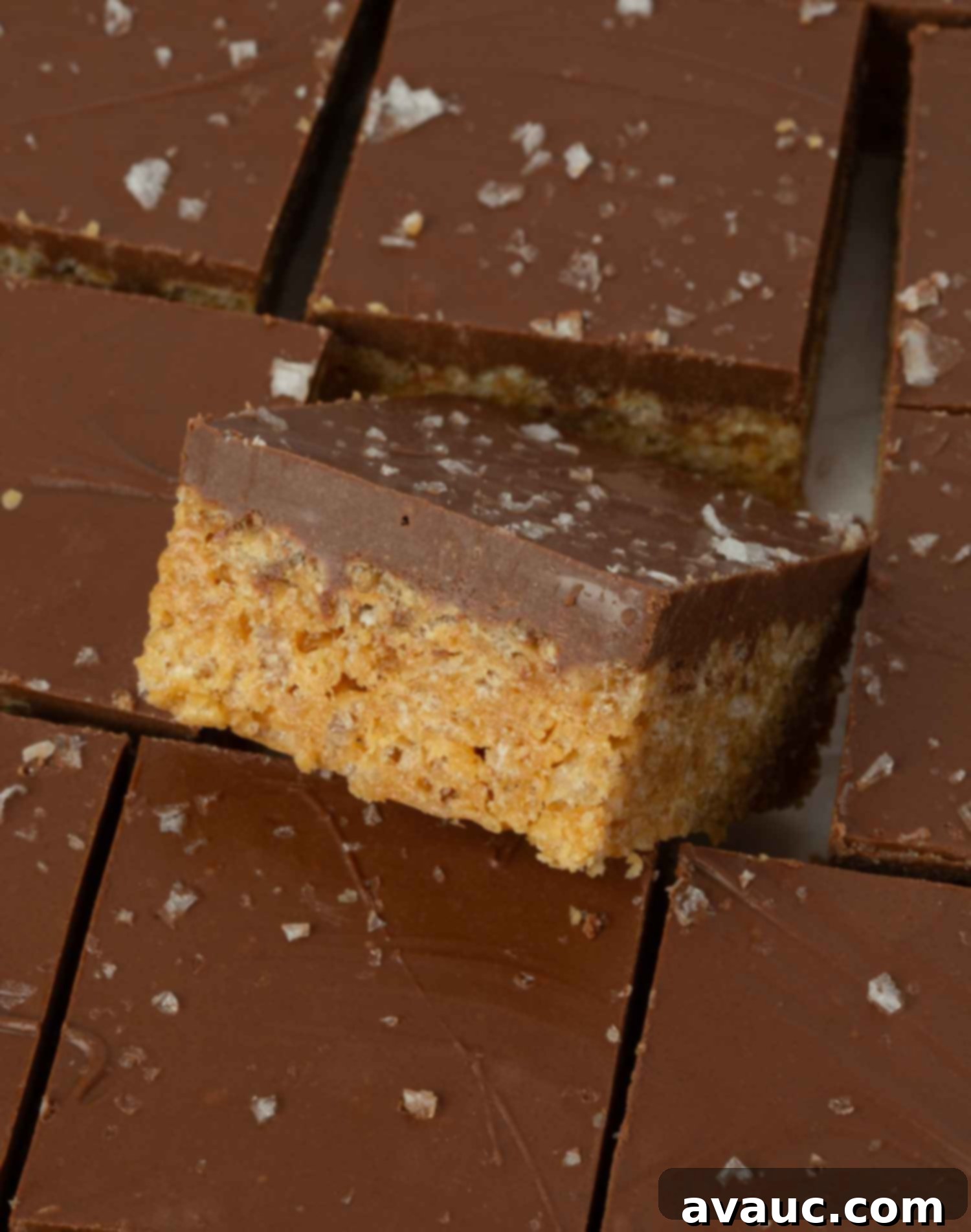 close-up of scotcheroo bars with flaky sea salt on top, highlighting the texture