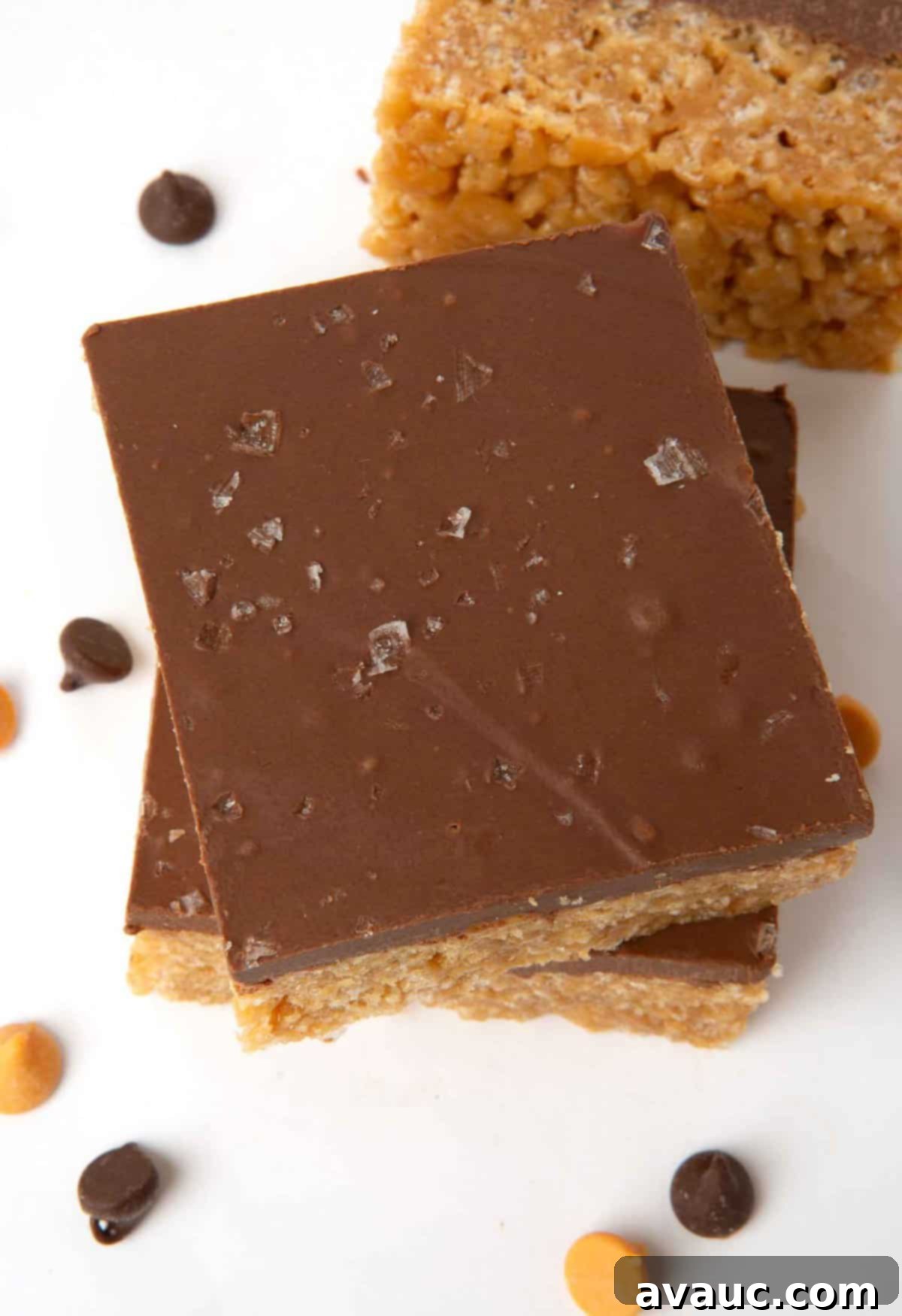 scotcheroo bars with flaky sea salt sprinkled on top, ready to be served