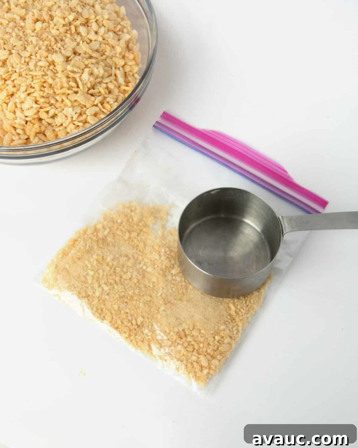 crushing 1 cup of rice krispy cereal in a ziploc bag