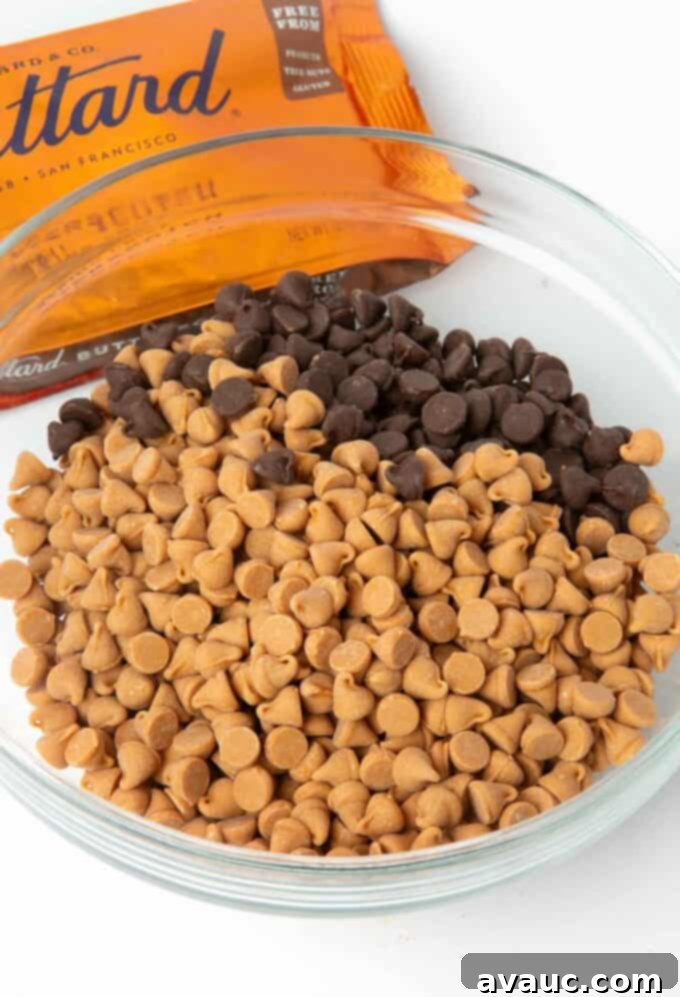bowl of un-melted chocolate chips and butterscotch chips