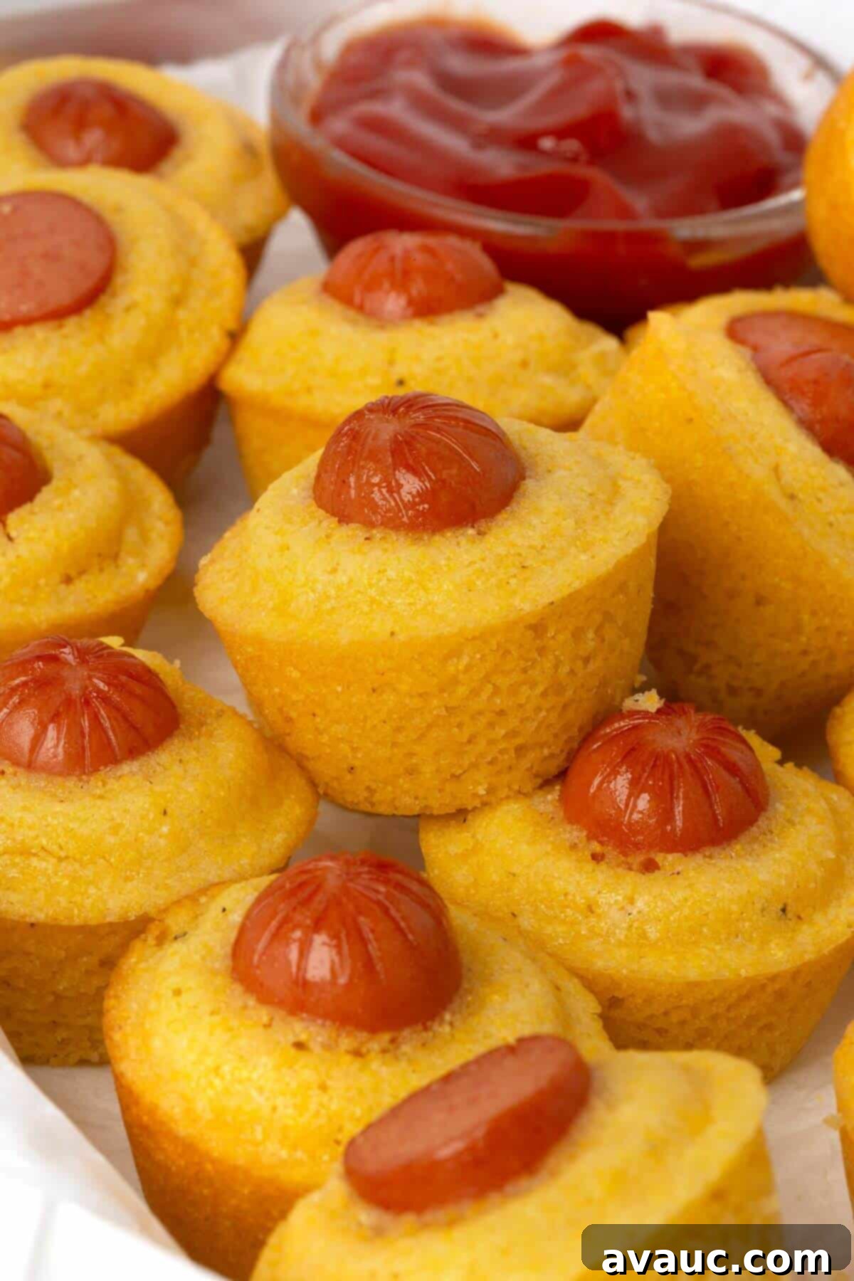 Corn Dog Muffin Poppers 2 Delicious baked mini corn dog muffins with a small bowl of ketchup for dipping