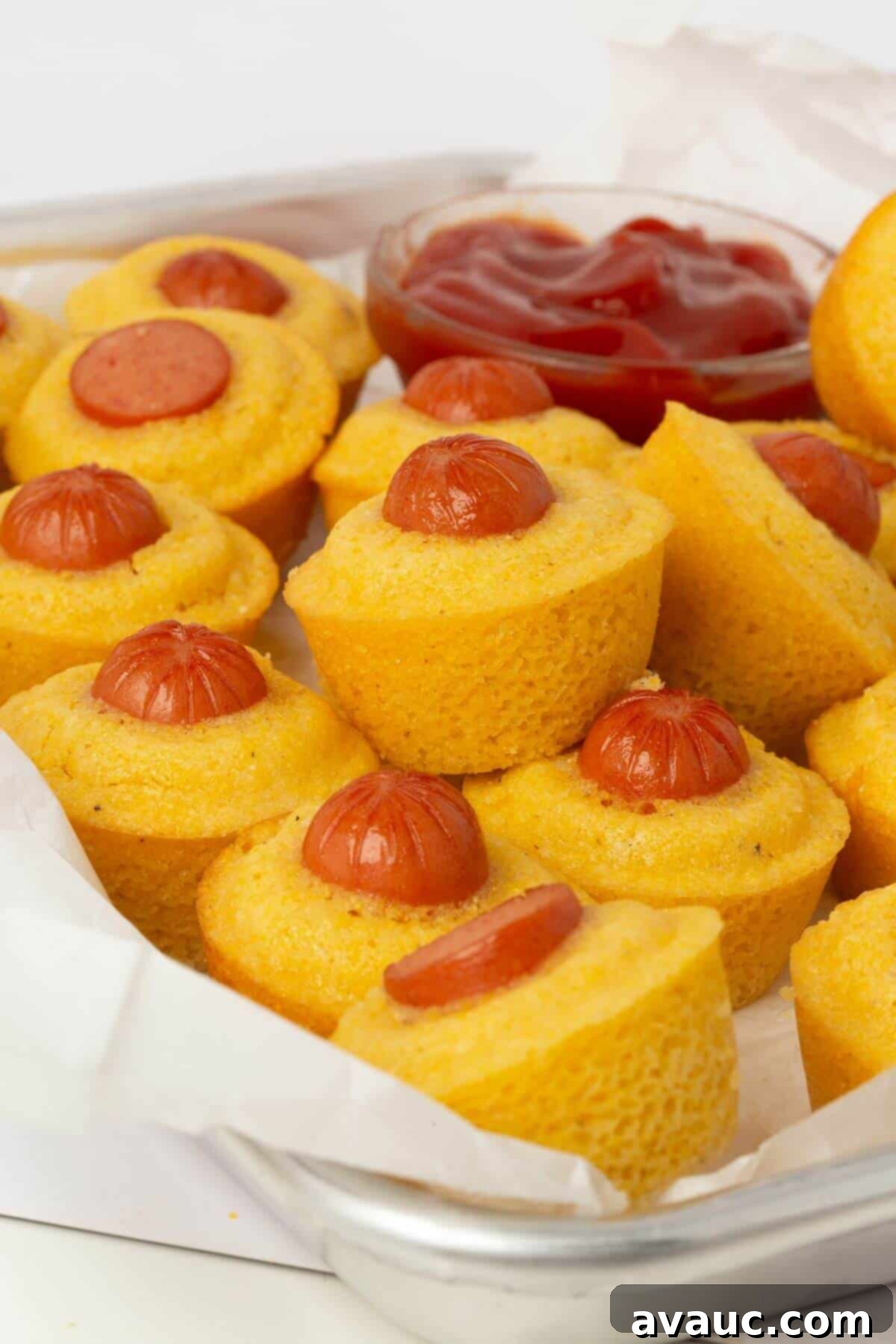 Corn Dog Muffin Poppers 9 A stack of perfectly baked mini corn dog muffins with a small bowl of ketchup in the background