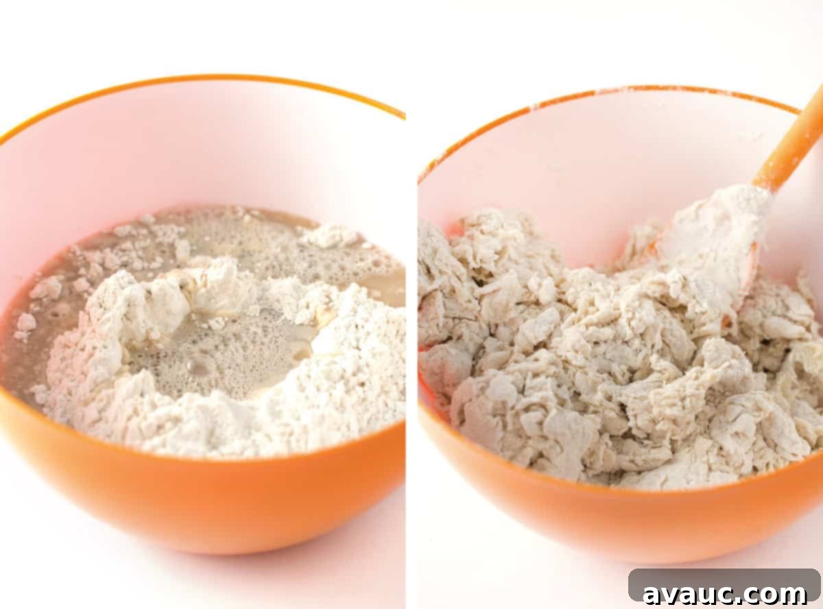 Dry ingredients (flour and salt) mixed in a bowl with a well in the center for liquid.