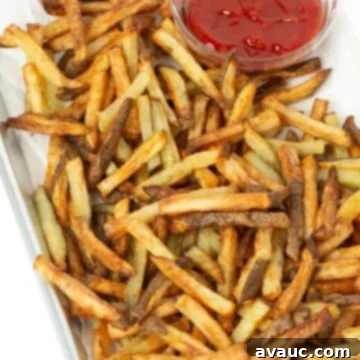 Perfectly golden and crispy Air Fryer French Fries on a tray with ketchup