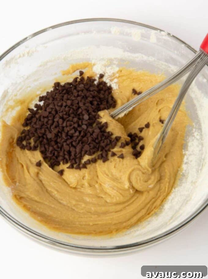 Bite-Sized Chocolate Chip Cookies 4 cookie dough with mini chocolate chips and whisk