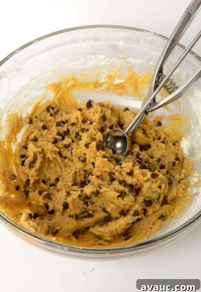 Bite-Sized Chocolate Chip Cookies 5 chocolate chip cookie dough in mixing bowl with cookie scoop