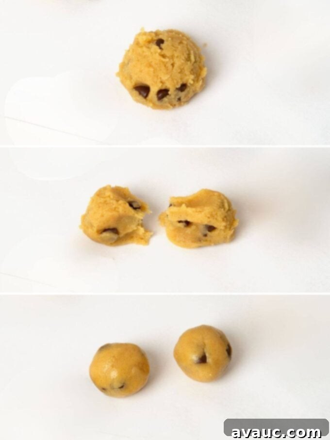 Bite-Sized Chocolate Chip Cookies 6 cookie dough split into two smaller size balls