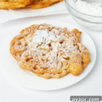 Simple Homemade Funnel Cakes 12 funnel cake with powdered sugar on white plate
