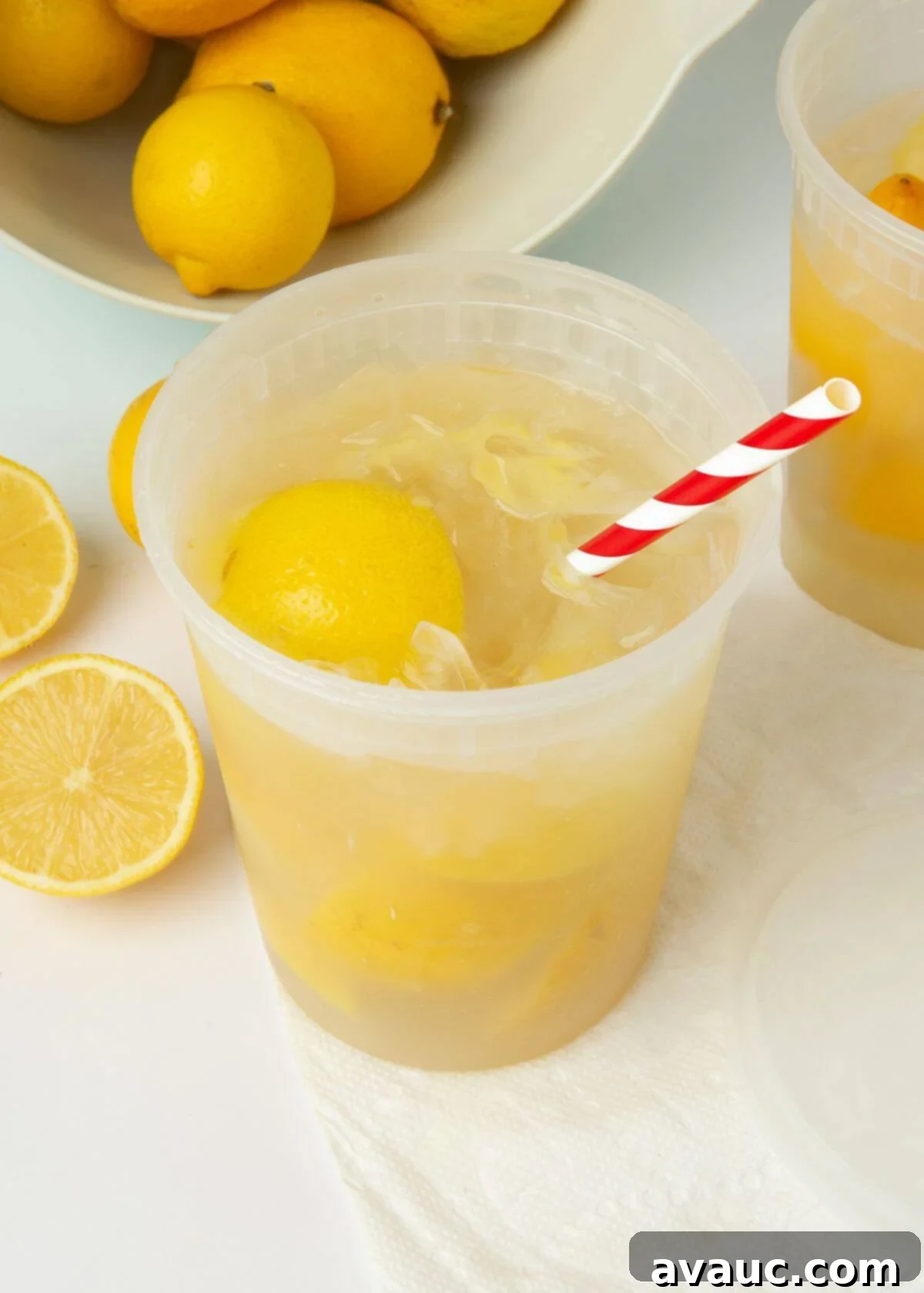 Summer Fair Squeeze 2 state fair lemonade in plastic container with striped straw