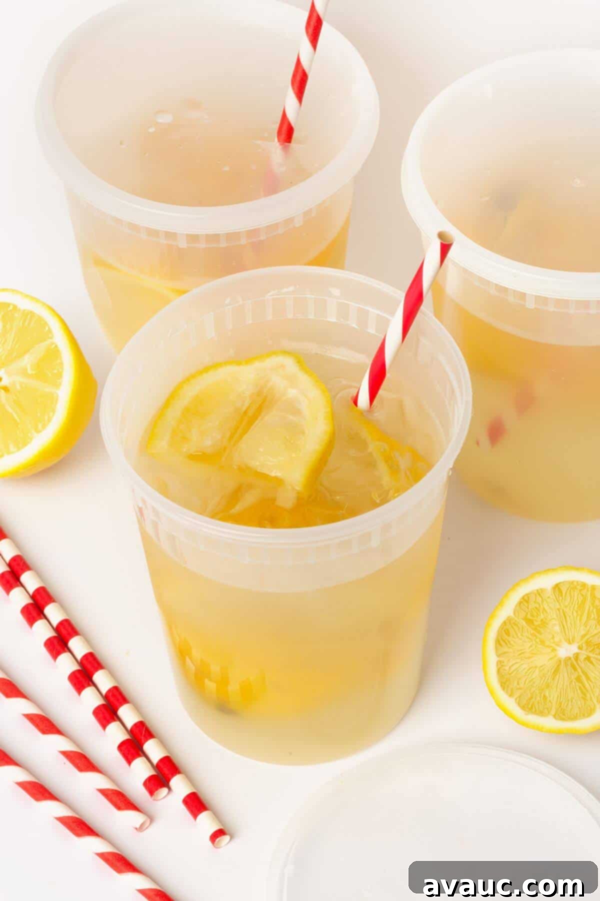 Summer Fair Squeeze 10 three state fair lemonades in plastic containers with red and white straw