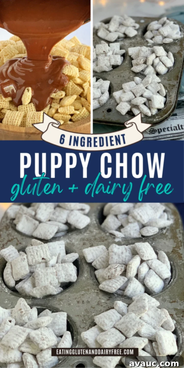 A vibrant, eye-catching Pinterest pin image promoting Gluten-Free Dairy-Free Puppy Chow, featuring a close-up of the delicious treat and highlighting its key benefits.