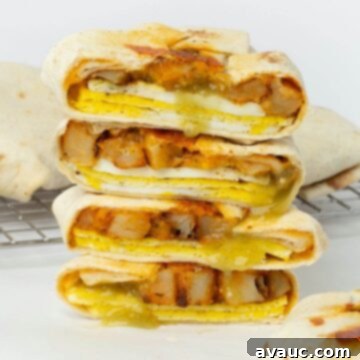 Crispy Breakfast Wraps 13 two breakfast crunchwraps cut in half stacked on top of each other