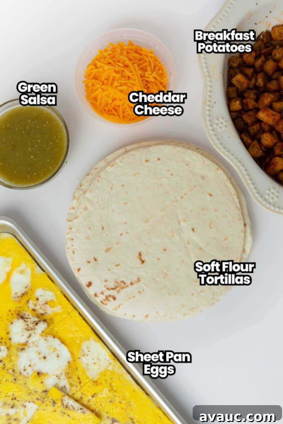 Crispy Breakfast Wraps 4 various fresh ingredients for breakfast crunchwrap laid out on a table