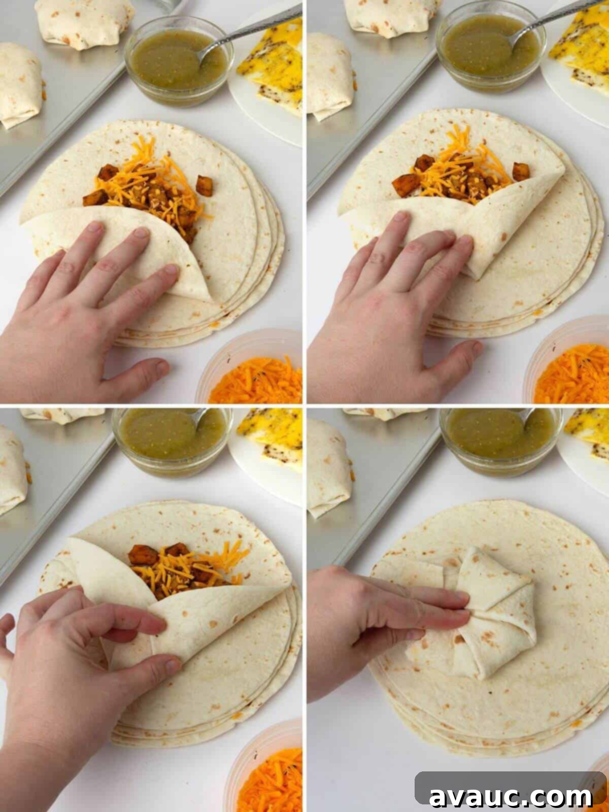Crispy Breakfast Wraps 9 step-by-step pictures showing how to expertly fold a breakfast crunchwrap