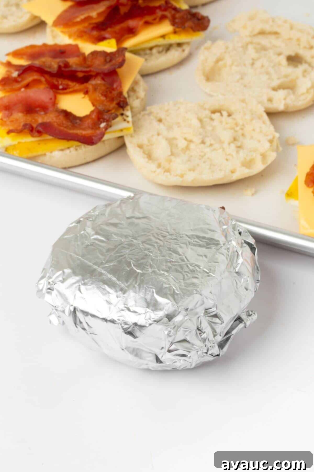 On-the-Go Breakfast Sandwiches 11 A perfectly wrapped freezer breakfast sandwich in tin foil, ready for long-term storage