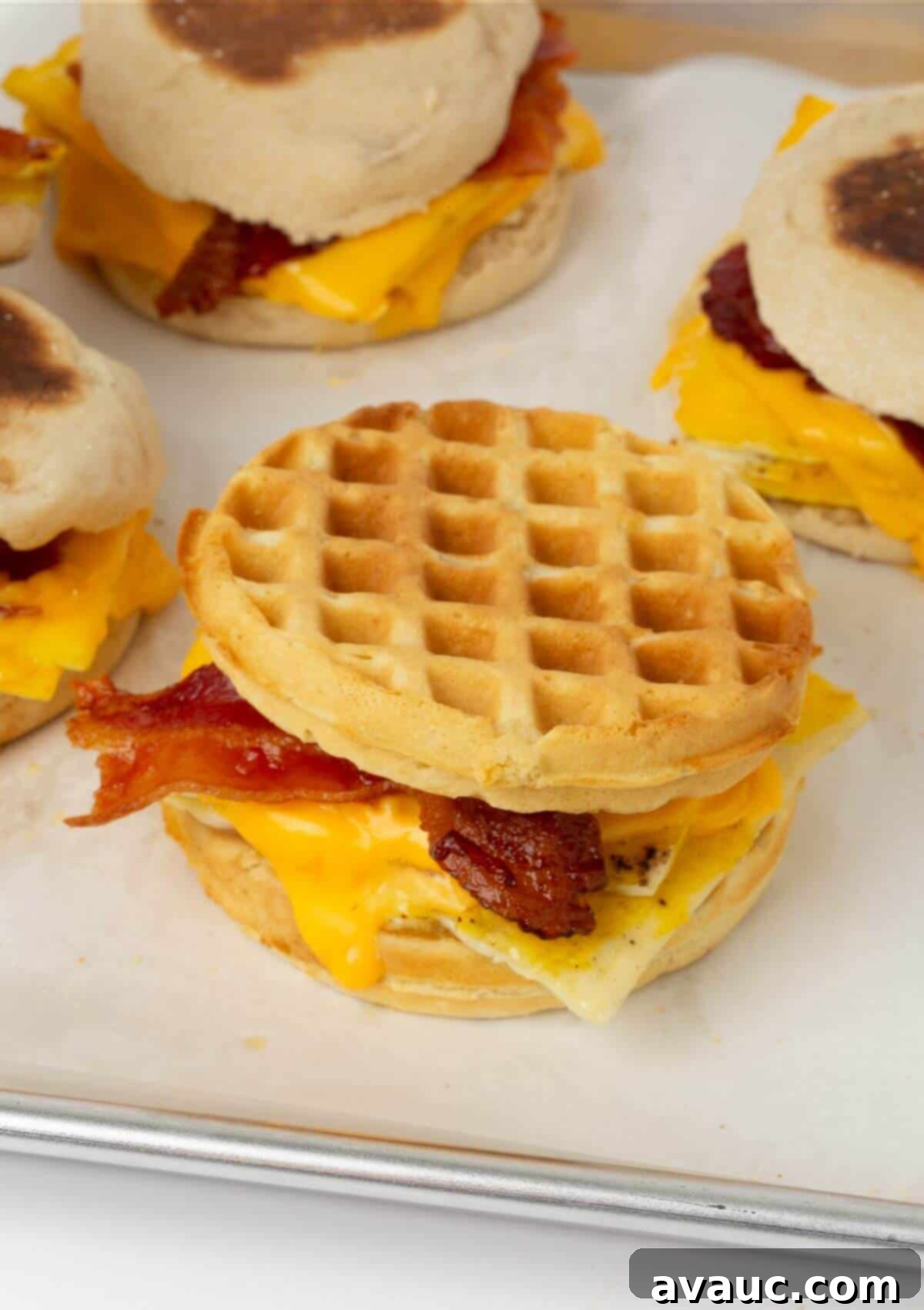 On-the-Go Breakfast Sandwiches 12 A breakfast sandwich made with two mini waffles instead of an English muffin, on a baking tray