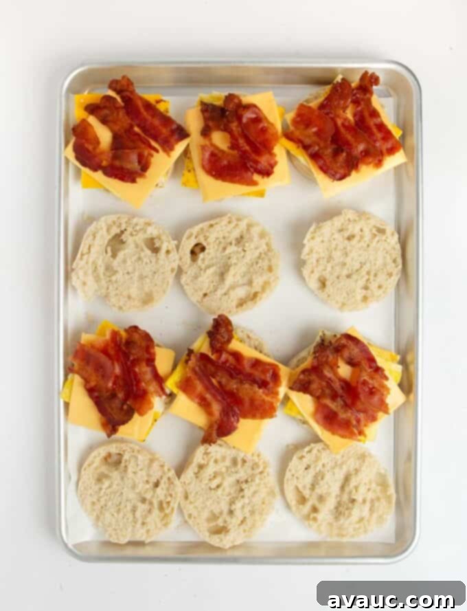 On-the-Go Breakfast Sandwiches 9 English muffins on a baking sheet topped with egg patties, cheese slices, and bacon, ready for baking