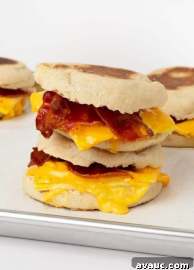 On-the-Go Breakfast Sandwiches 10 Two freshly baked breakfast sandwiches, perfectly stacked, on a baking sheet