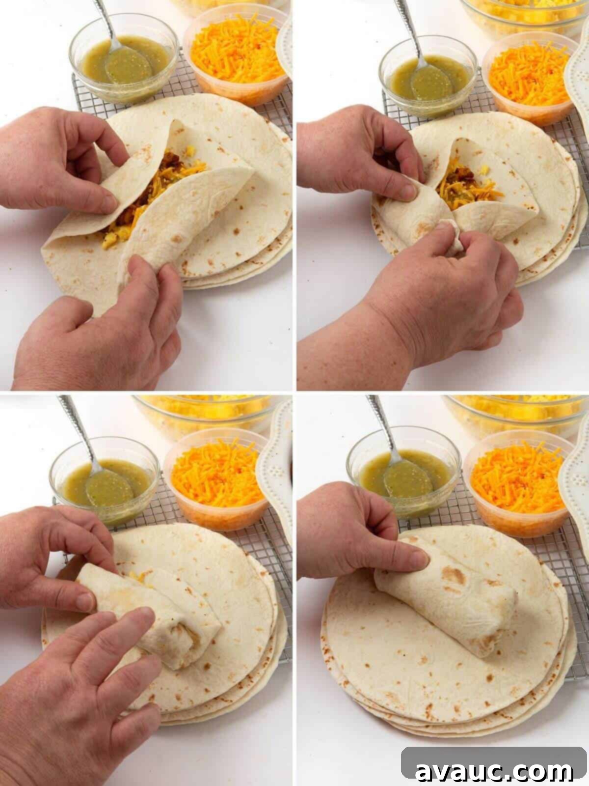 step-by-step instructions for how to fold a breakfast burrito