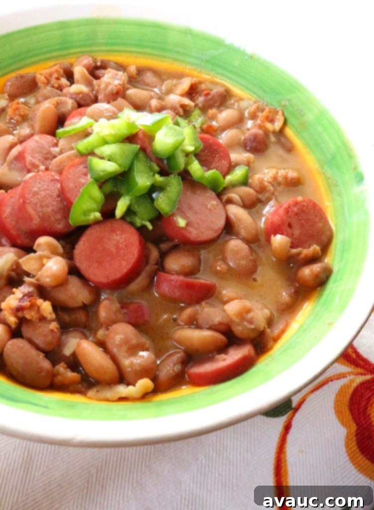 A large bowl of Frijoles Charros (Mexican Charro Beans) garnished with cilantro, showcasing the rich, hearty soup with visible pinto beans, crispy bacon, and chorizo. #mexicanbeans #frijolescharros #charrobeans #authenticmexicanfood