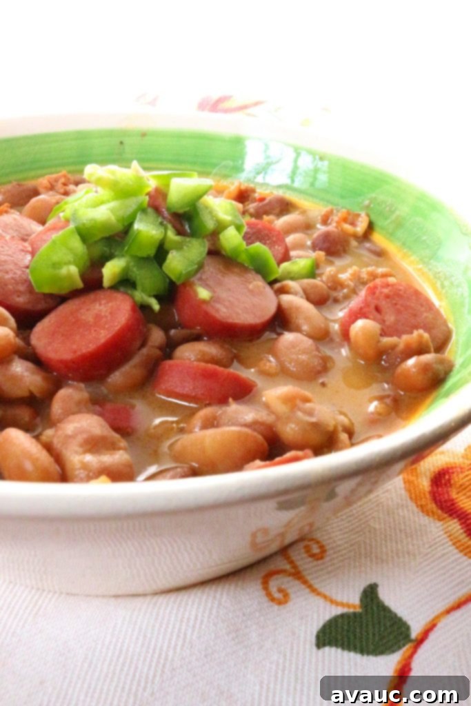 A top-down view of a large, rustic bowl of Frijoles Charros, garnished with fresh cilantro, served with a side of warm tortillas, highlighting the rich texture and vibrant colors of the dish. #FrijolesCharros #CharroBeans #MexicanFood #BeanSoup