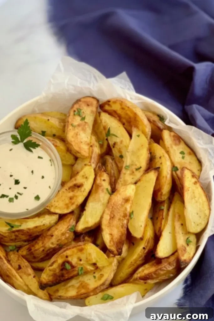 Golden Crispy Potato Wedges 7 A plate heaping with baked potato wedges and dressing.