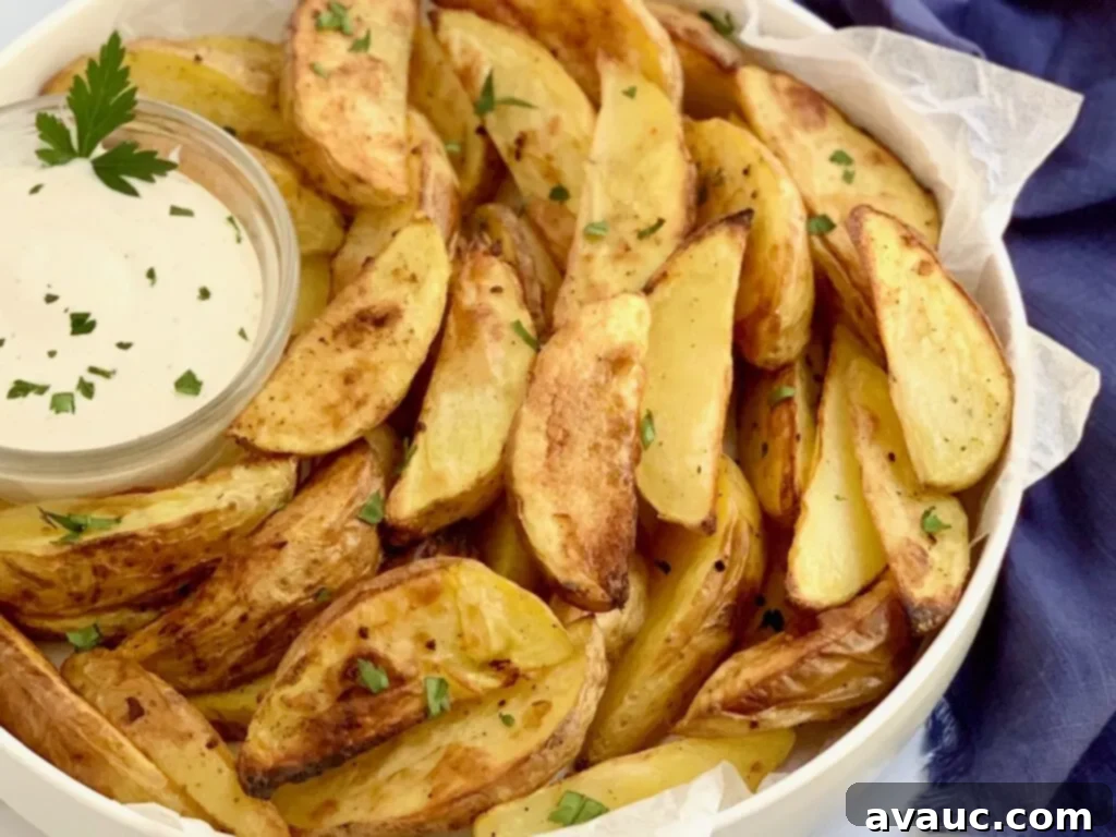 Golden Crispy Potato Wedges 8 A plate heaping with baked potato wedges and dressing.