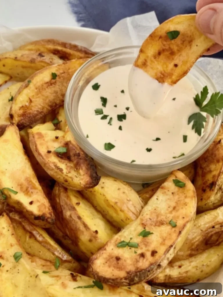 Golden Crispy Potato Wedges 9 A baked potato wedge getting dipped into dairy free ranch dressing.