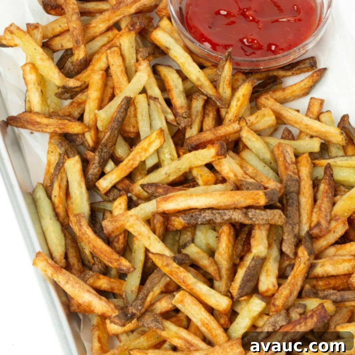 Taste of the Fair at Home 7 air fryer french fries on tray with bowl of ketchup