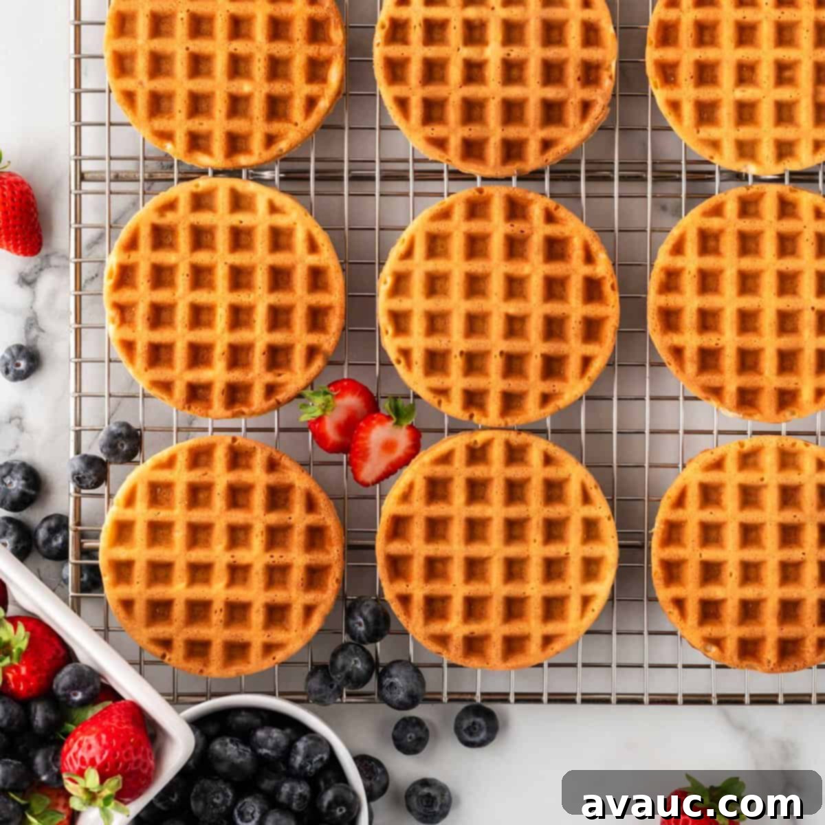 Homemade freezer-friendly mini waffles cooling on a wire rack, perfect for quick breakfasts.