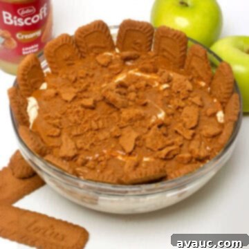 Caramel Apple Biscoff Delight 3 Caramel Apple Biscoff Salad with a creamy base, apples, caramels, and Biscoff cookies.