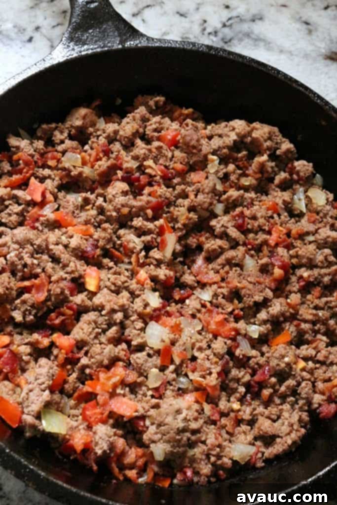 Ground beef and crispy bacon stuffing for authentic chiles rellenos