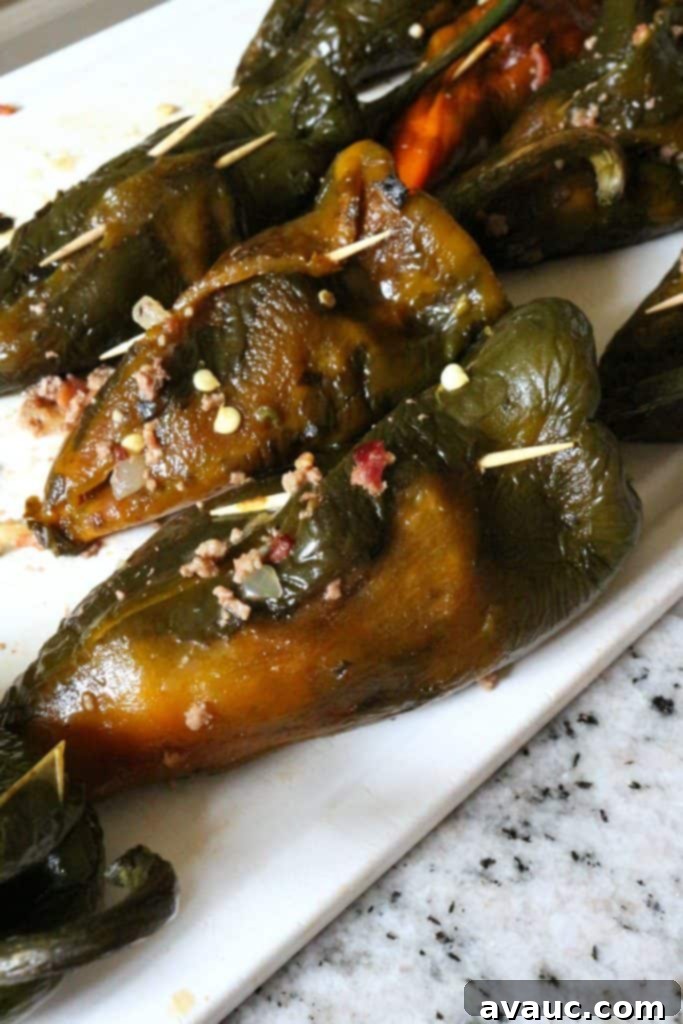 Poblano chiles stuffed with delicious ground beef and bacon mixture