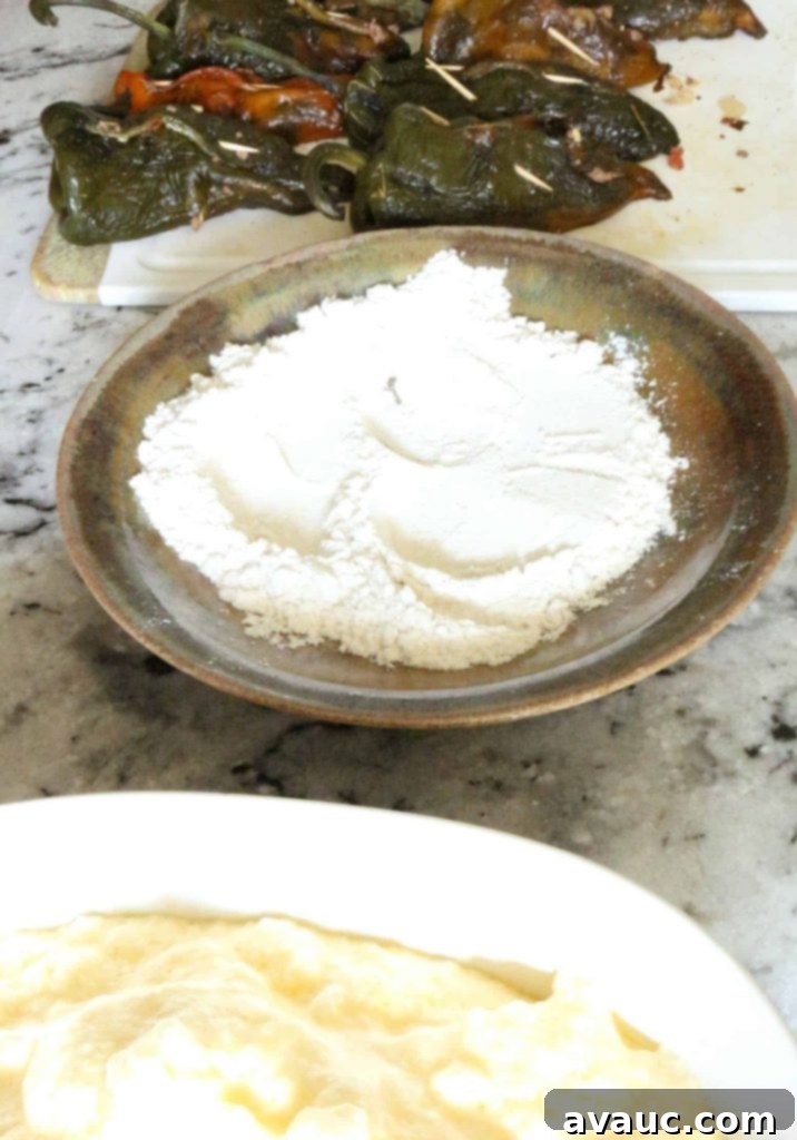 Dredging station setup for making chiles rellenos with egg batter