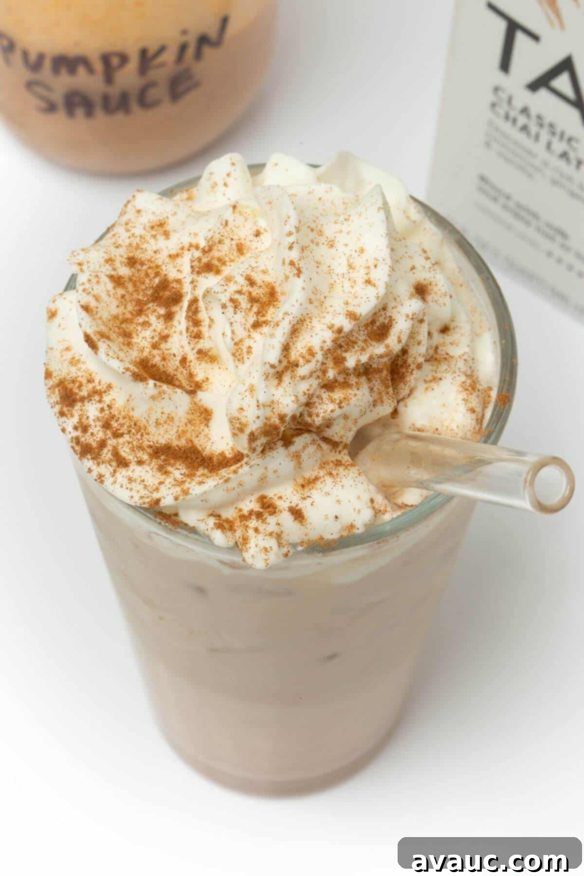Autumn Pumpkin Chill Latte 7 Another top-down shot of the iced pumpkin cream chai latte, showcasing the rich colors and creamy texture.