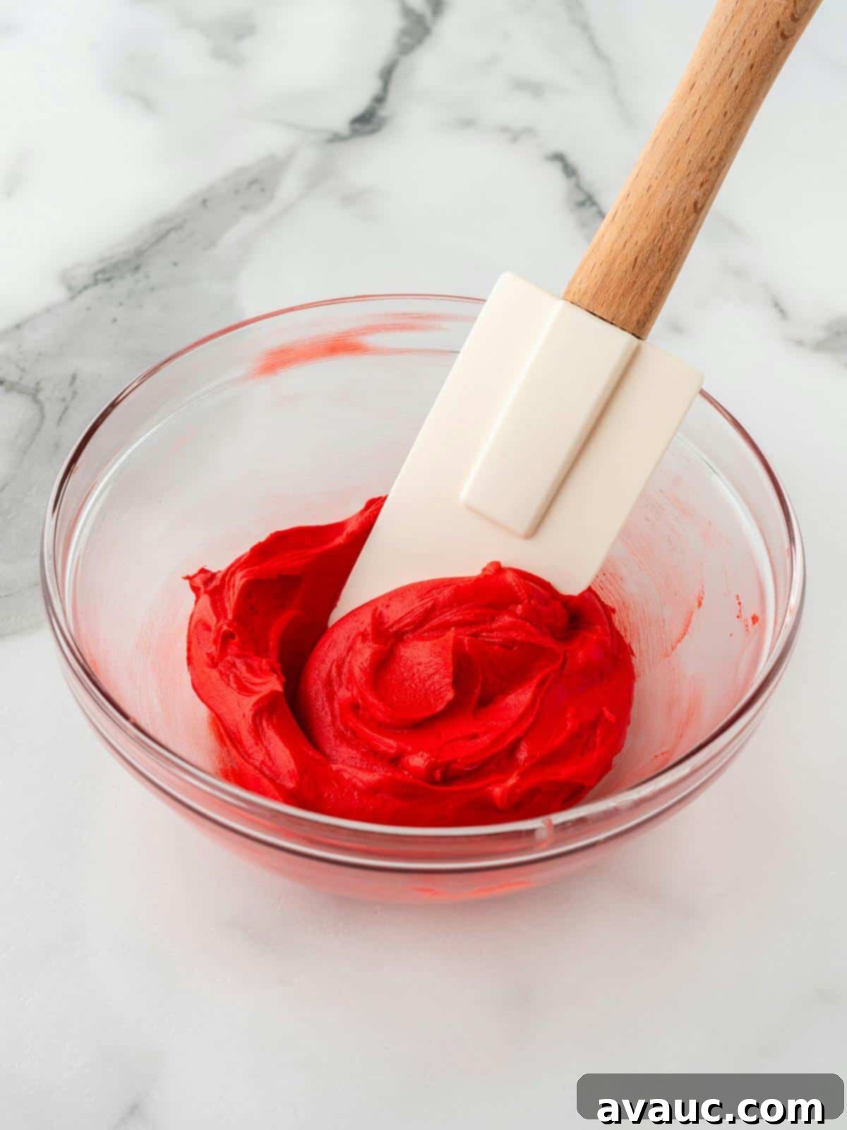 Red icing being mixed with a rubber spatula in a bowl, showing a smooth texture