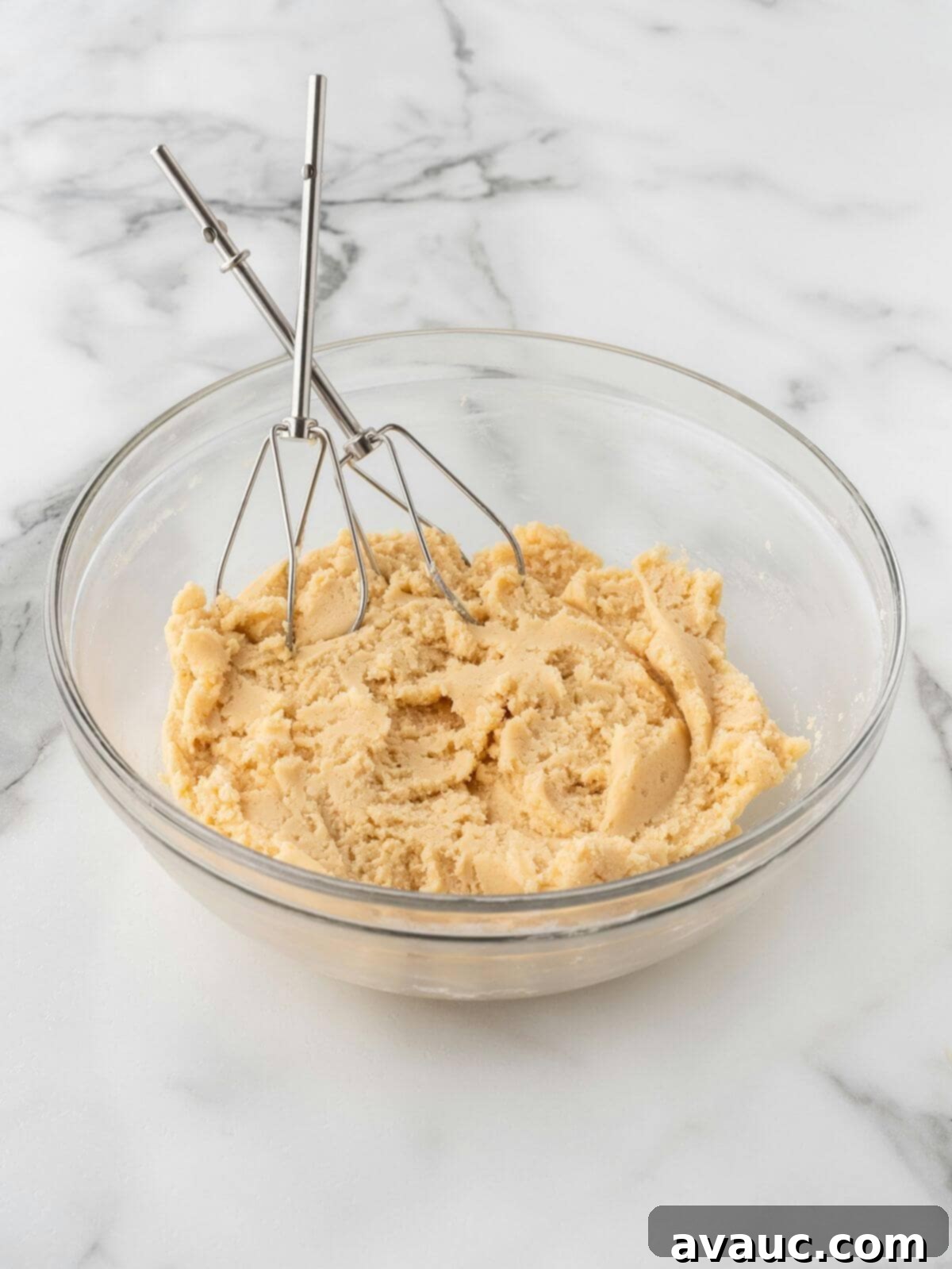 Smooth and pliable raw sugar cookie dough in a glass mixing bowl, ready for shaping