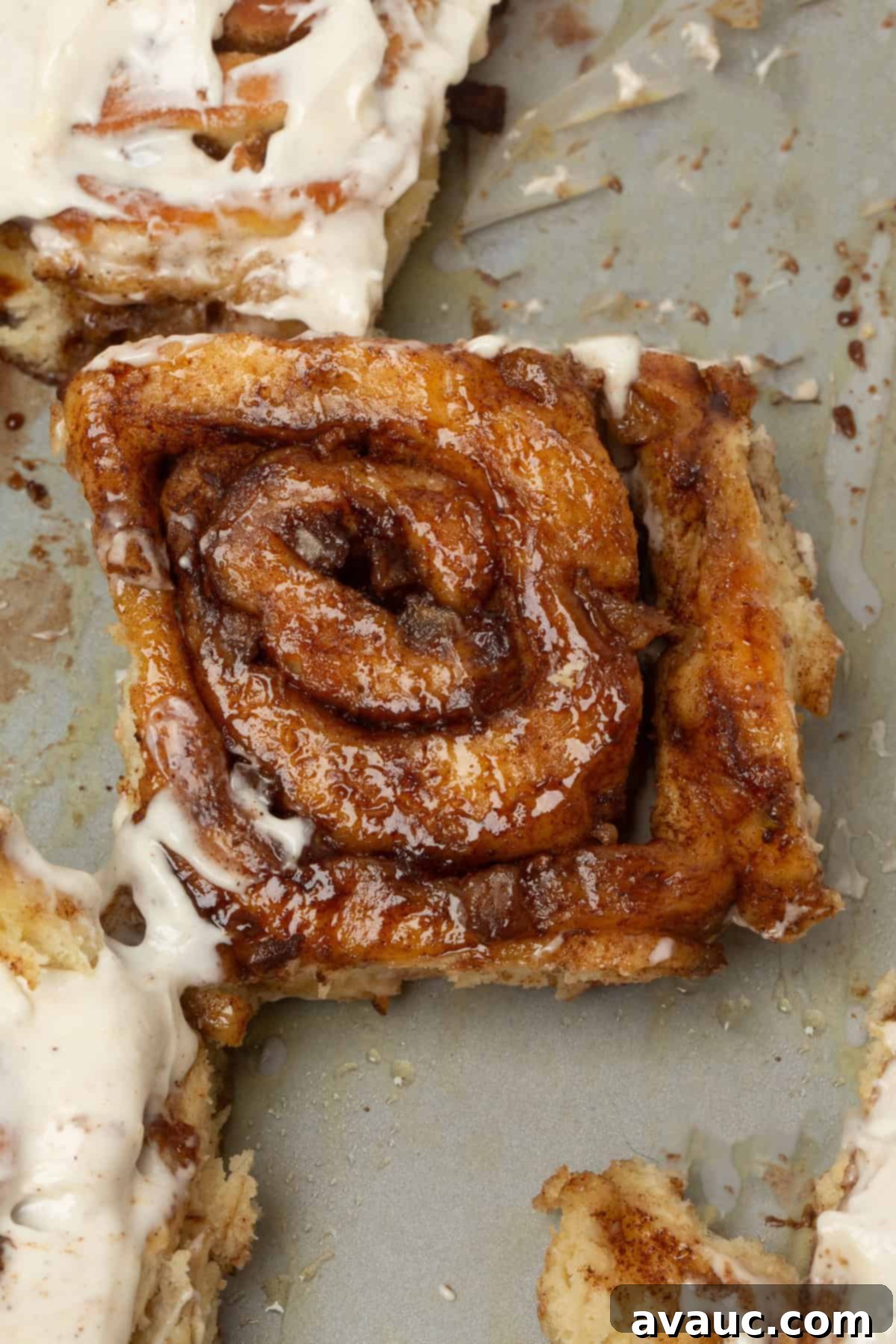 Quick Apple Cinnamon Rolls 3 gooey bottom of apple cinnamon rolls, showing the soft, caramelized filling