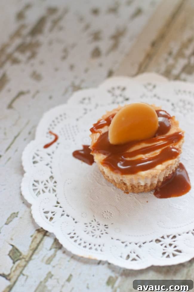 Close-up of Mini Caramel Cheesecake Bites on a wooden board