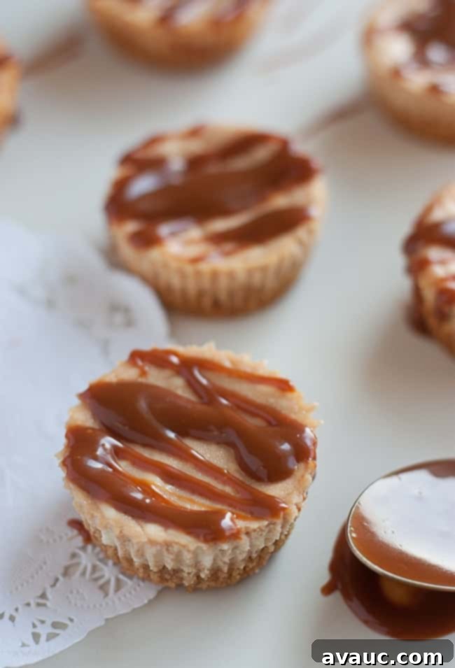 Stacked Mini Caramel Cheesecake Bites with a creamy texture
