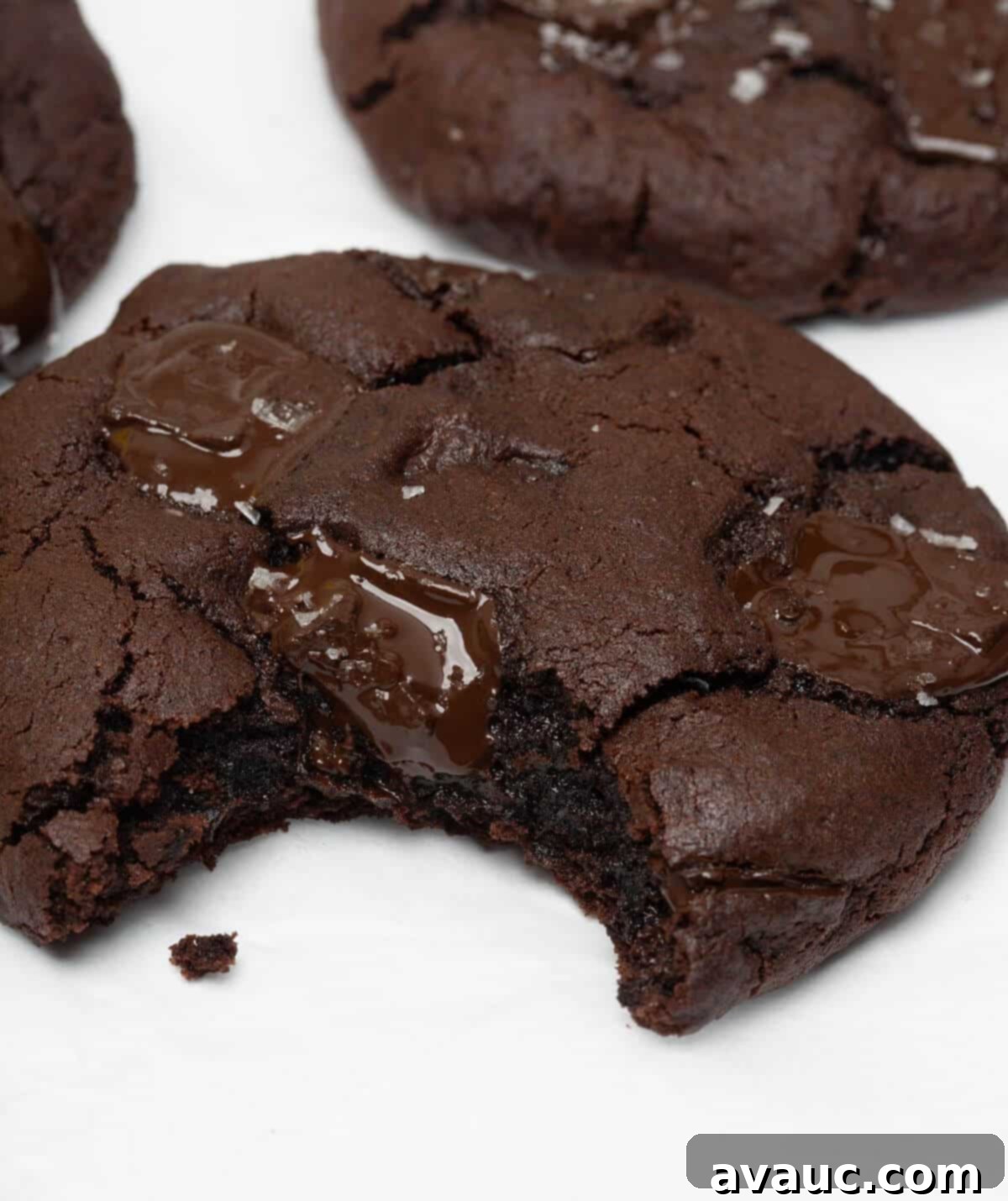 Upclose of a dark chocolate cookie with a bite taken out, showing its rich, gooey texture.