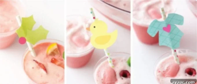 Variety of straw toppers including a holly leaf, a rubber duck, and a blue baby onesie, perfect for themed parties.