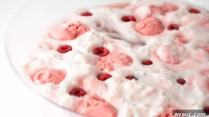 Large bowl of Raspberry Sherbet Punch, showcasing its frothy and inviting texture from an aerial view.