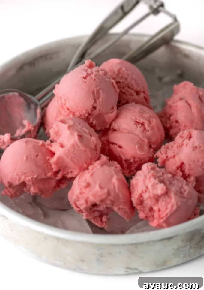 Perfectly scooped balls of raspberry sherbet resting on ice in a metal baking pan, ready for the punch.