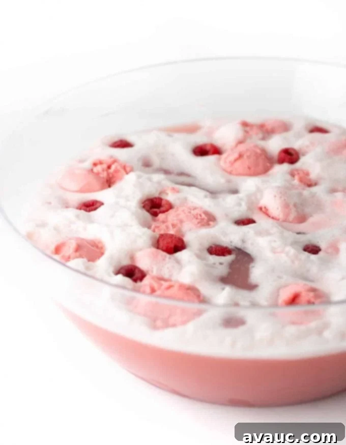 Raspberry Sherbet Punch in a punch bowl, beautifully garnished with fresh raspberries floating on top.