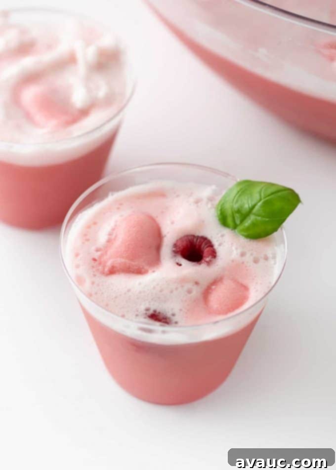 Close-up of a glass of Raspberry Sherbet Punch with fresh raspberries and a basil leaf garnish, on a rustic surface.