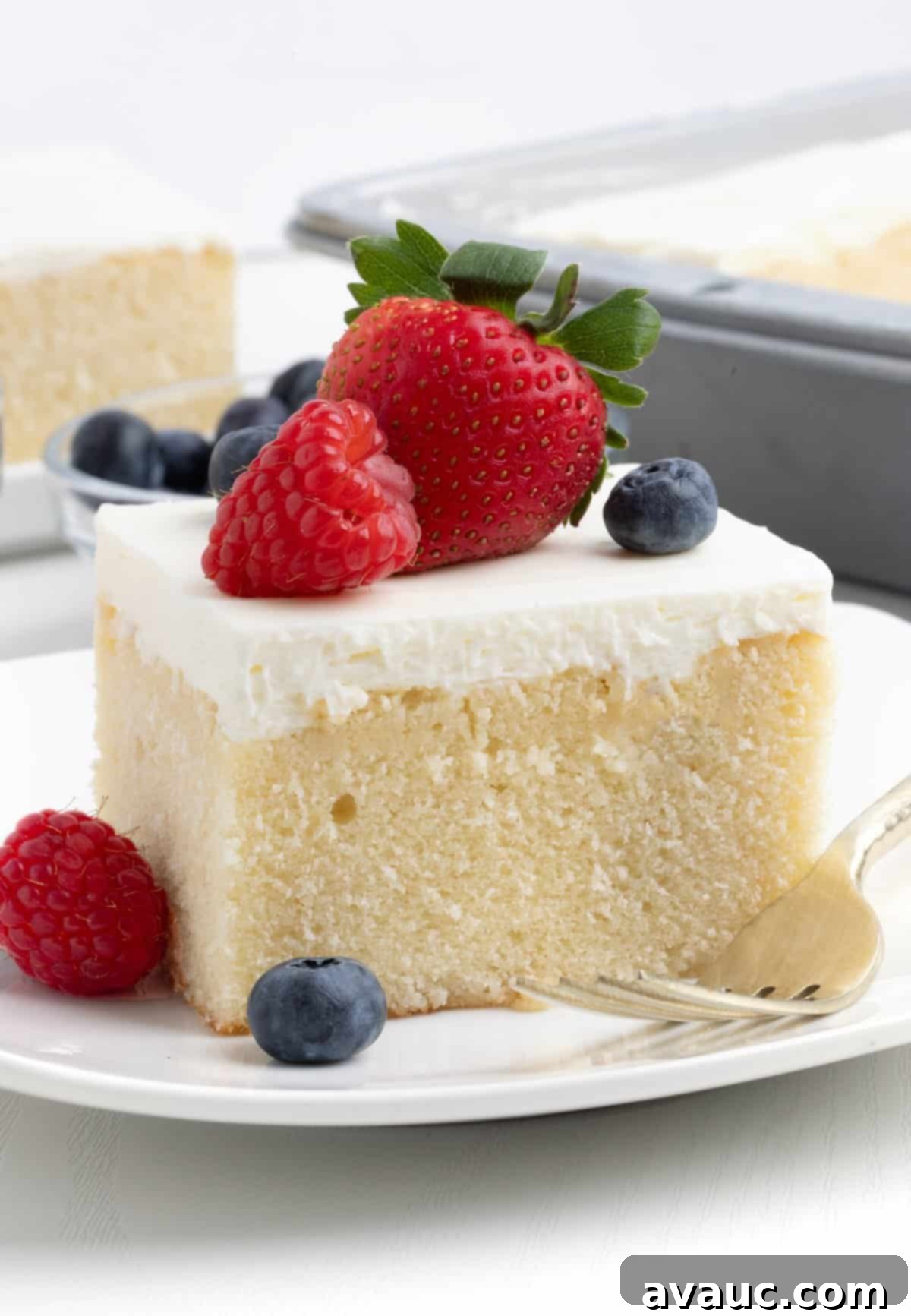 A square slice of homemade white berry chantilly cake from a 9x13" pan, topped with fresh mixed berries