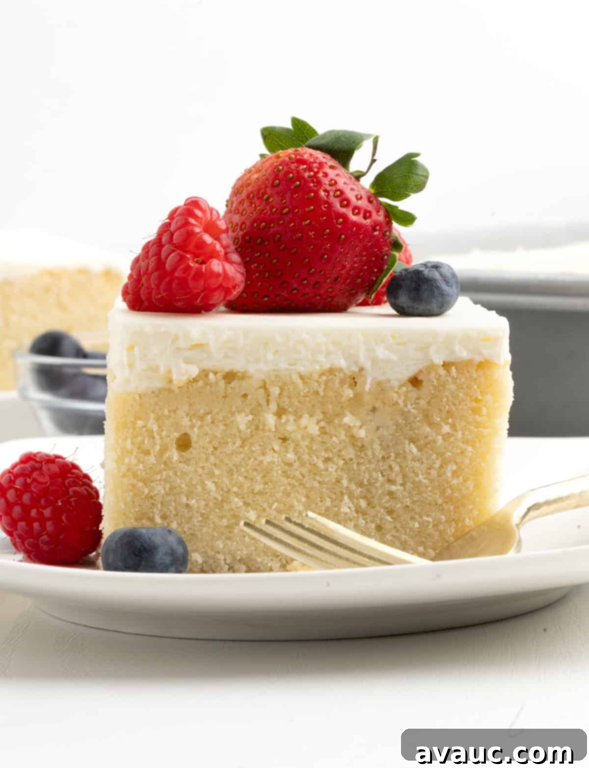 Full white berry chantilly cake with generous frosting and mixed berries in a 9x13 inch pan