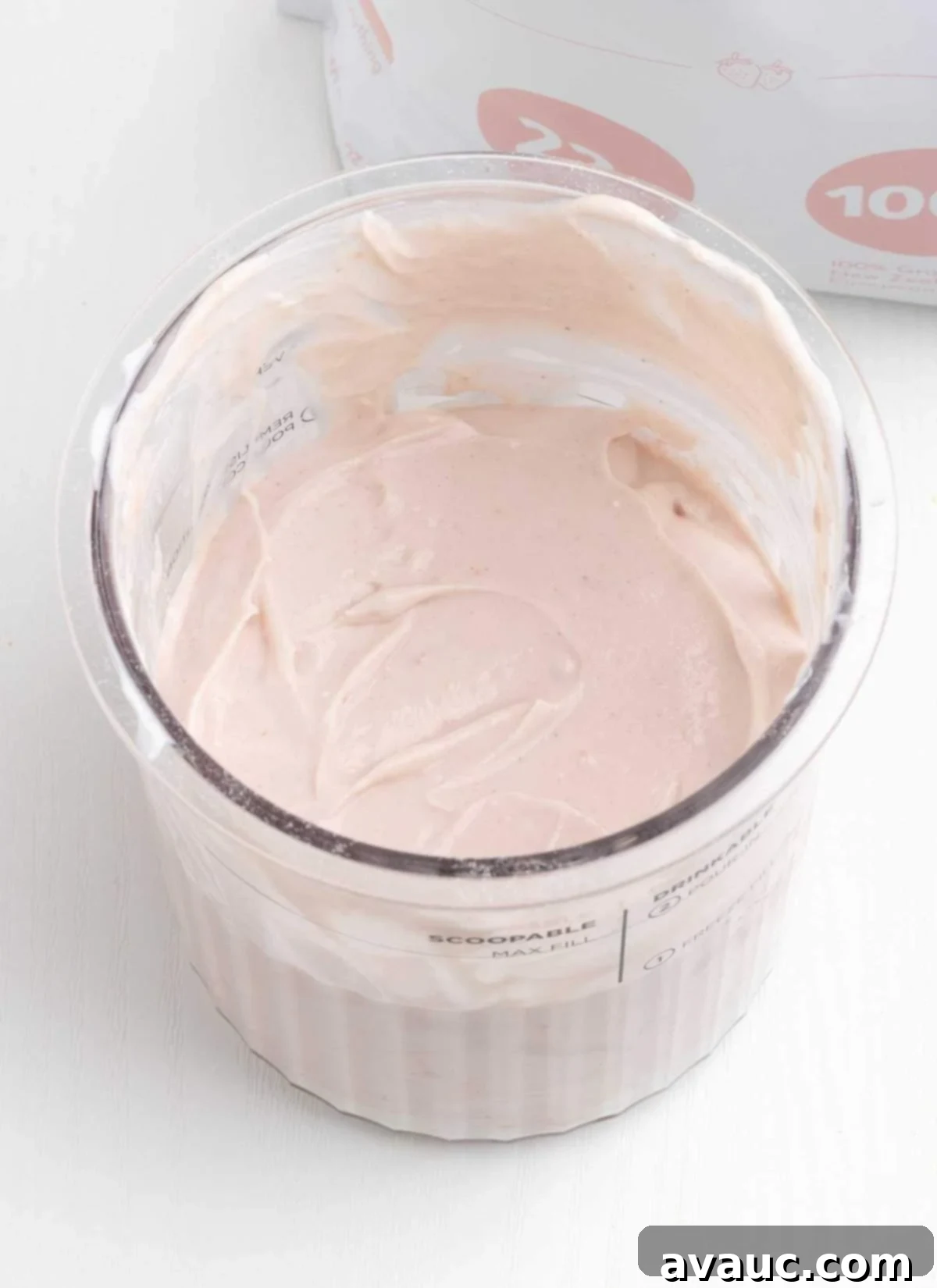 Ninja Creami Strawberry Protein Frozen Yogurt 6 Frozen Ninja Creami strawberry frozen yogurt base in the pint container
